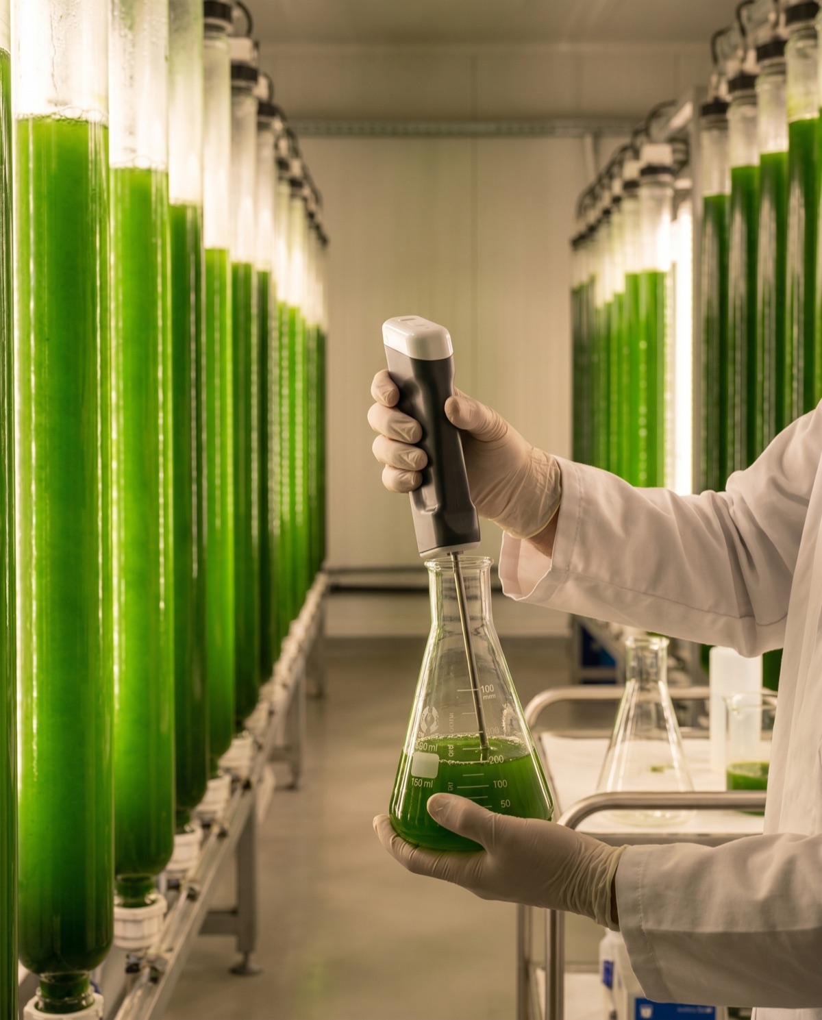 A researcher using the AquaPen to measure cell count in an industrial algae bioreactor