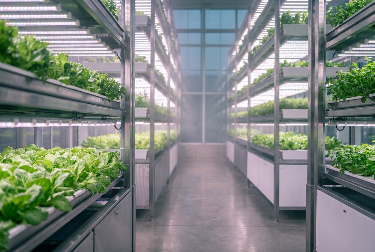 Stacked racks of leafy greens growing in a modern vertical farm