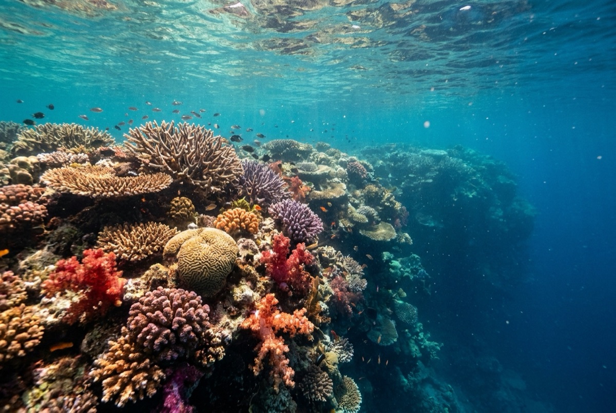 A vibrant, healthy coral reef in clear shallow water